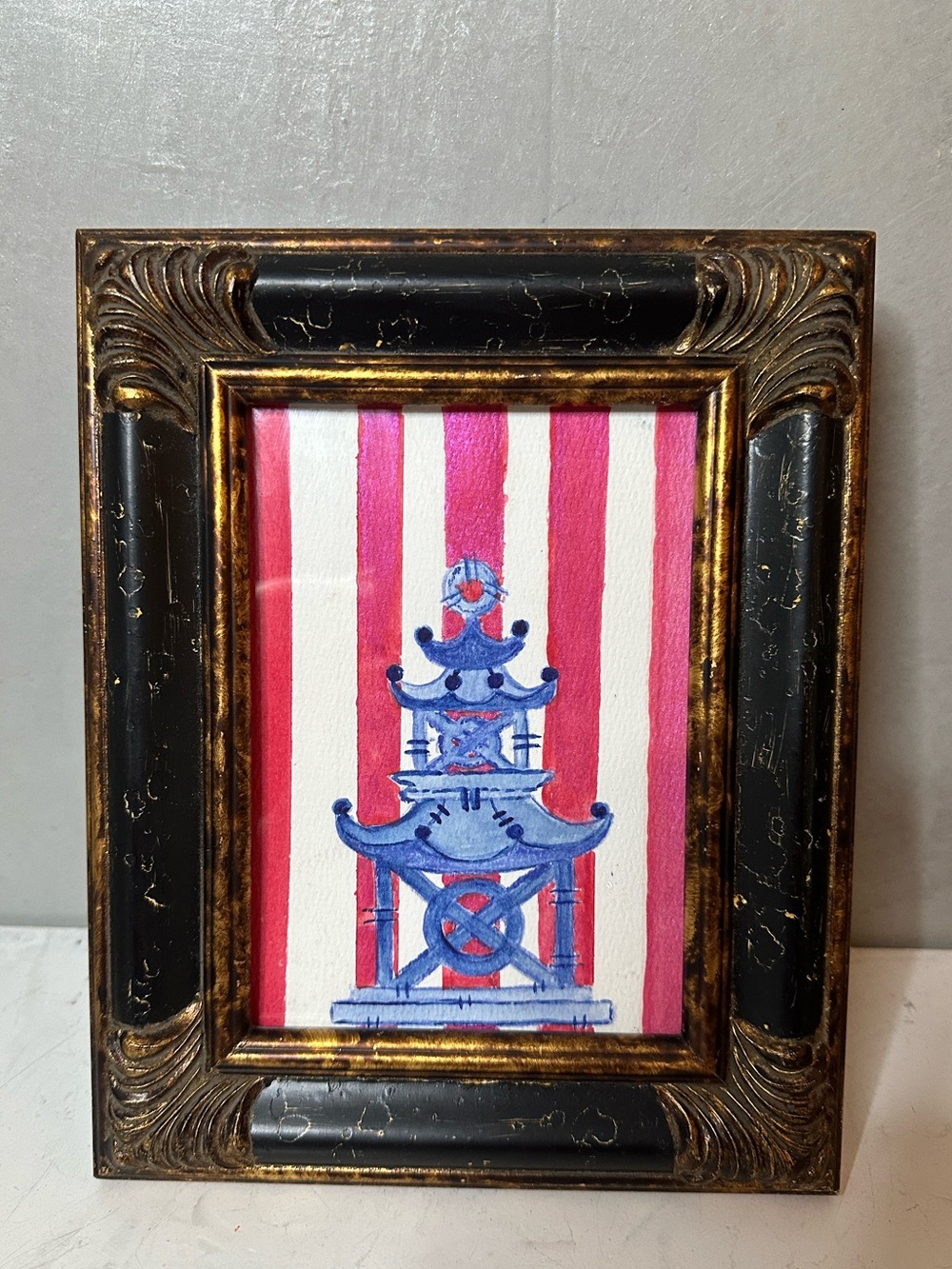 FRAMED Original watercolor Painting CHINOISERIE PAGODA PREPPY ART P5 - Picture 2 of 7